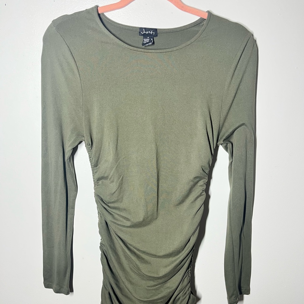 Justify Army Green Ruched Long Sleeve Dress